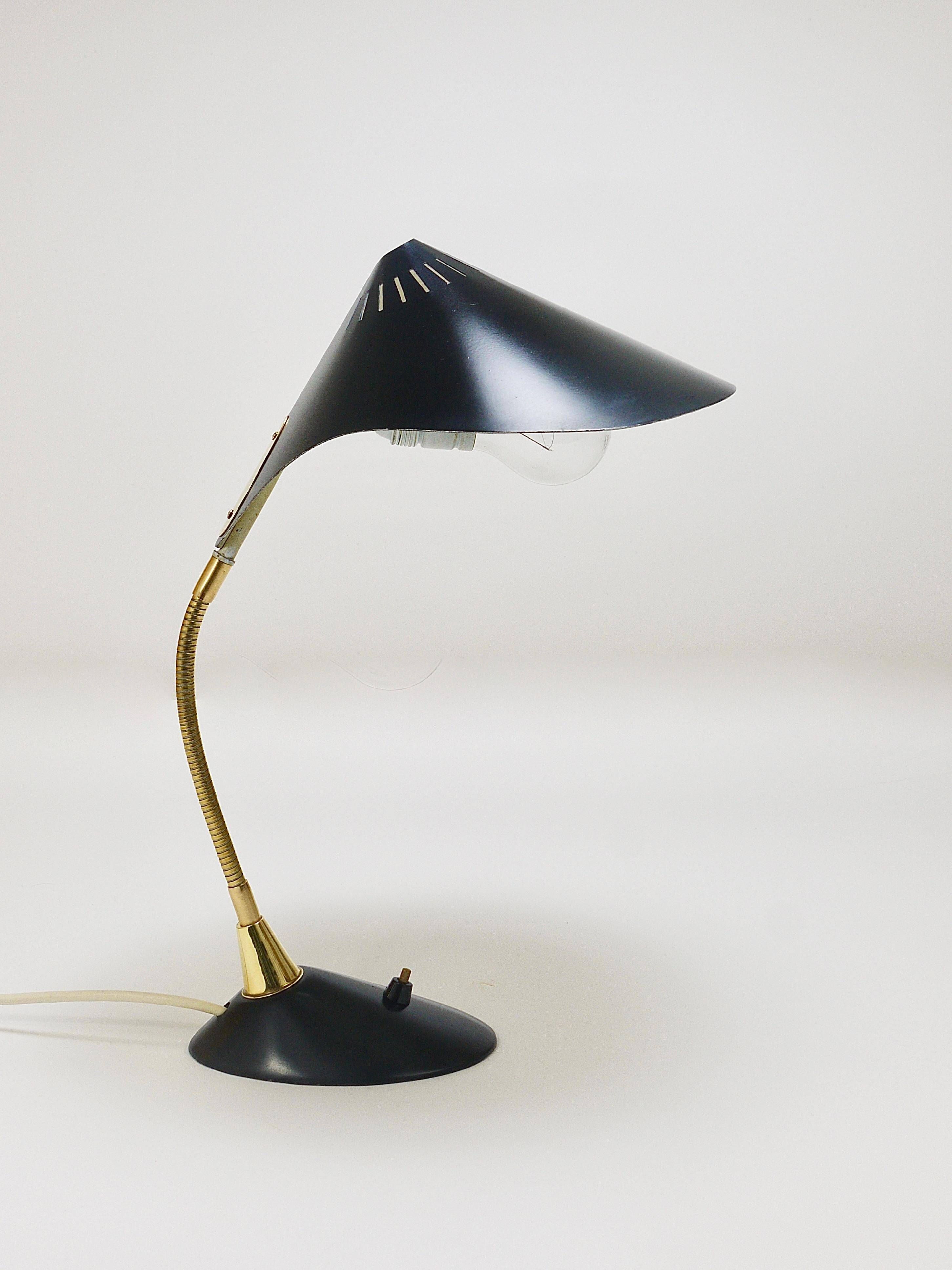 1950s Cosack Cobra black desk or table lamp in brass, mid-century, Stilnovo style.