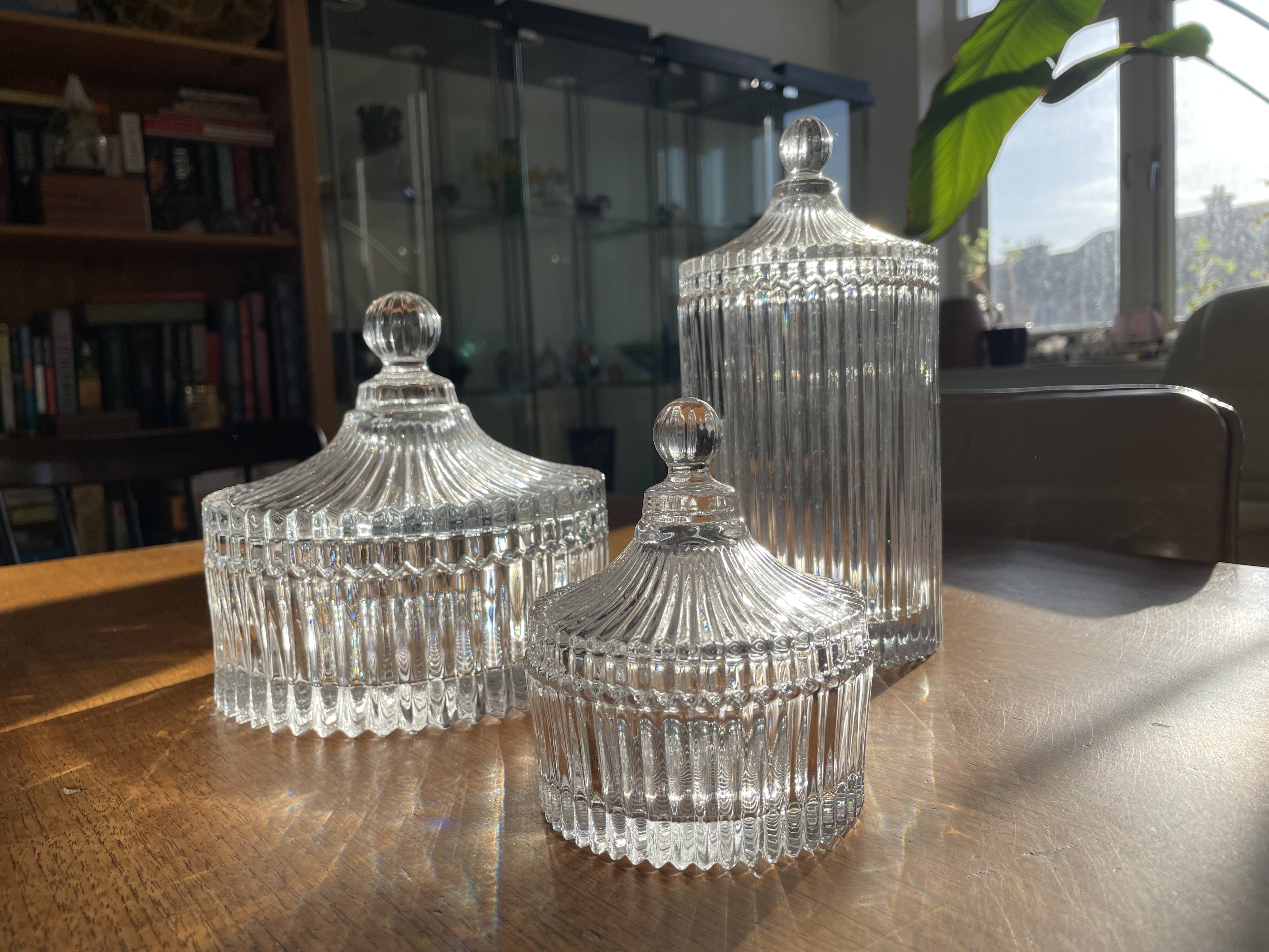 Set of 3 striped glass candy jars with lid or pharmacy jars.
