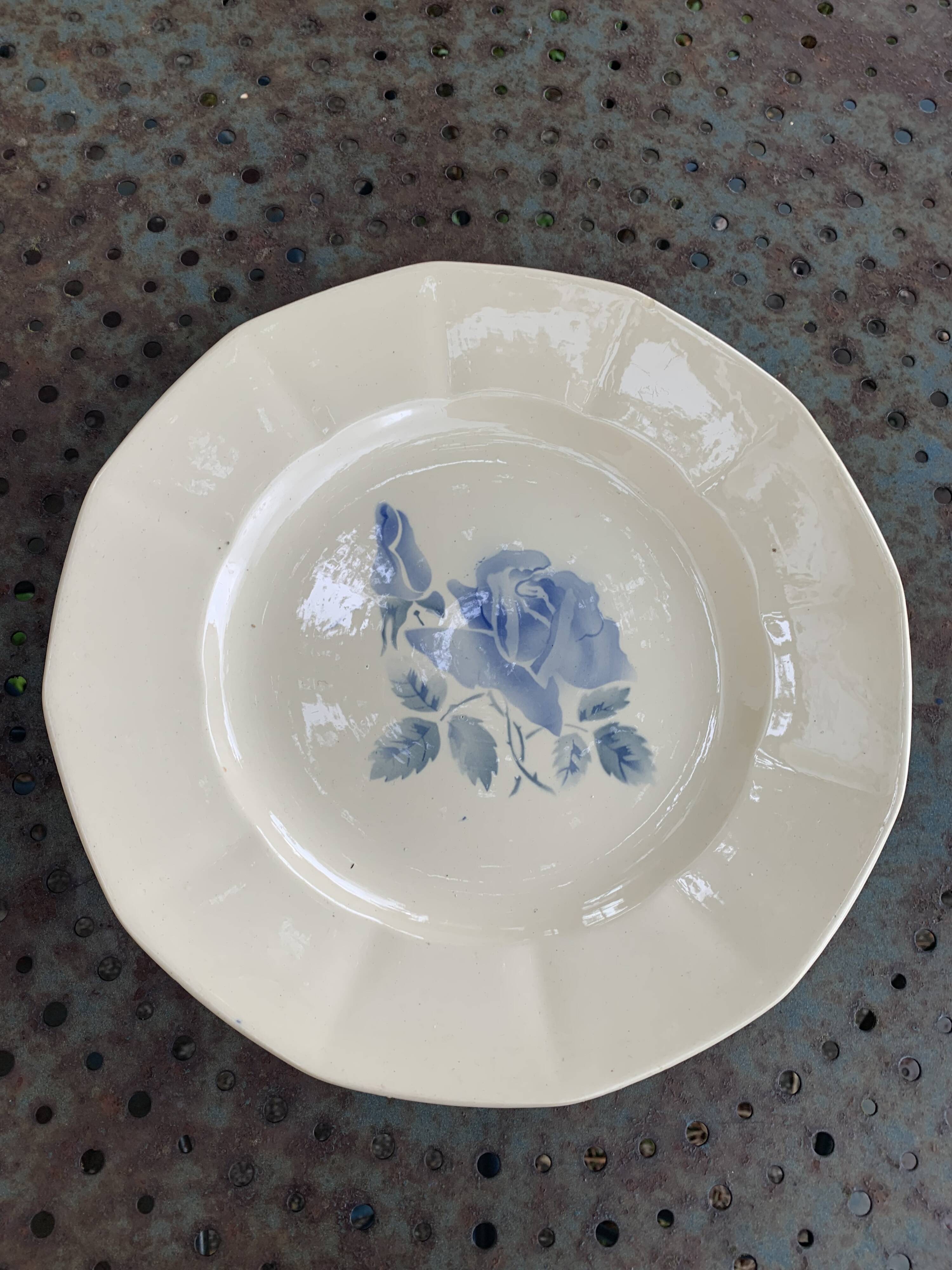 Digoin France cake dish with antique blue rose pattern