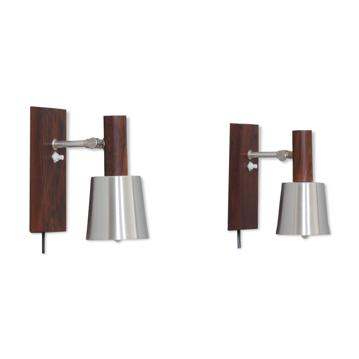Pair of Jo Hammerborg  rosewood wall sconces with aluminium shades, Denmark 1960s
