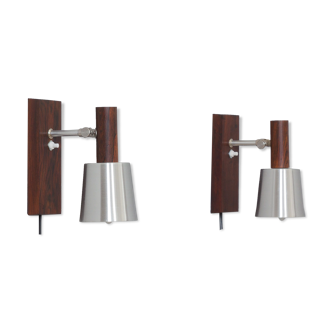 Pair of Jo Hammerborg  rosewood wall sconces with aluminium shades, Denmark 1960s