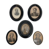 Set of five engravings in blackened wood frames, portrait style, 19th century, turned.