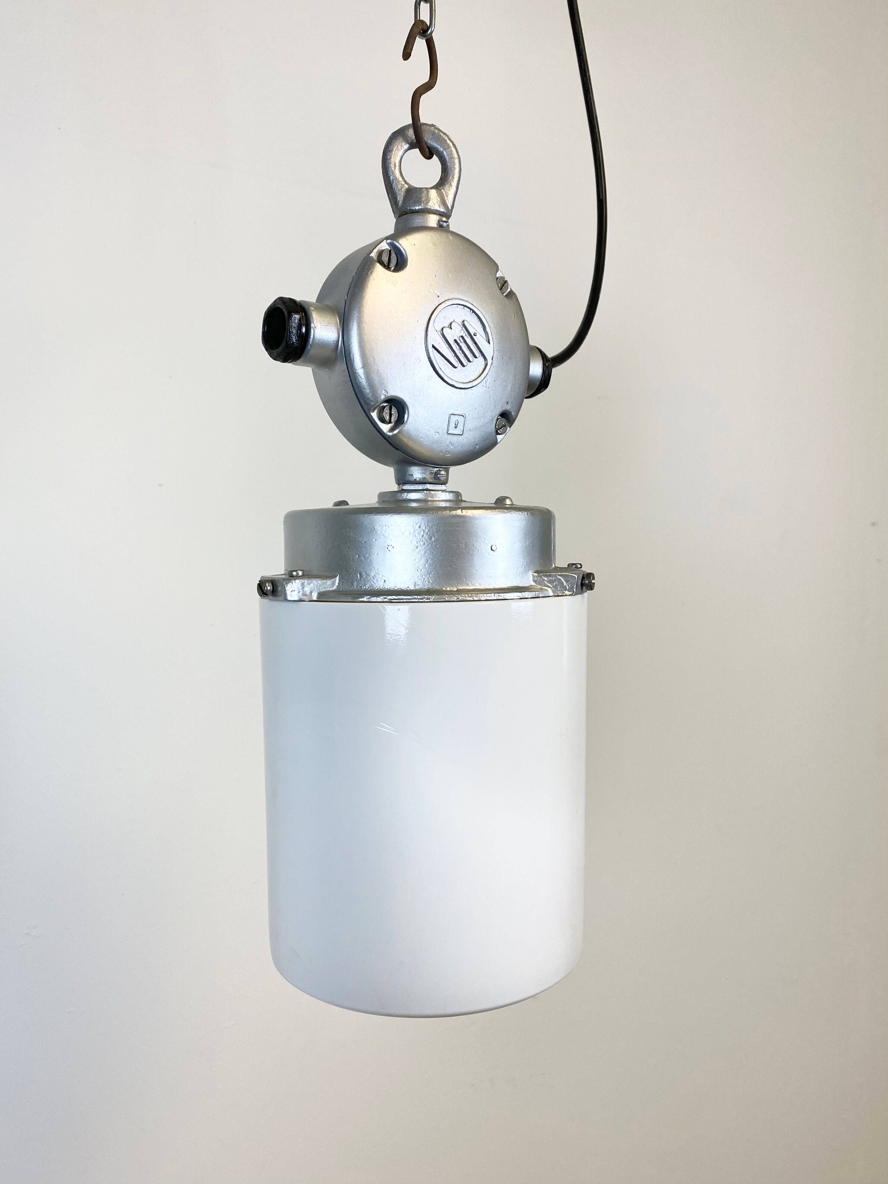 Vintage aluminium industrial lamp with milk glass, 1970s