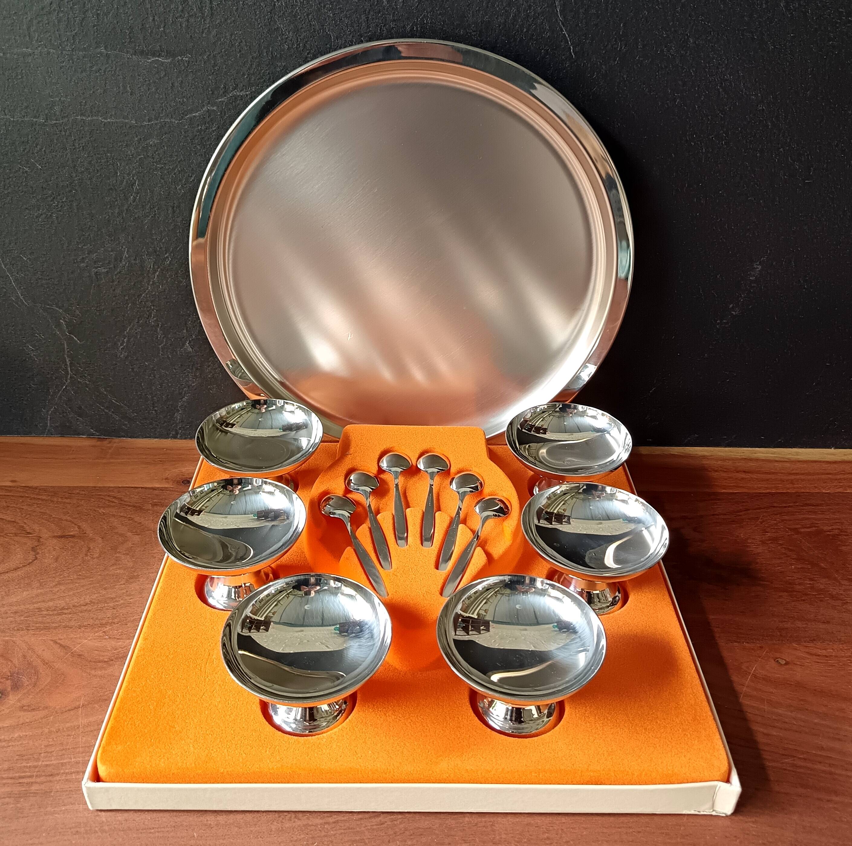 Set of 6 cups, tray and ice cream spoons guy degrenne "modern line"