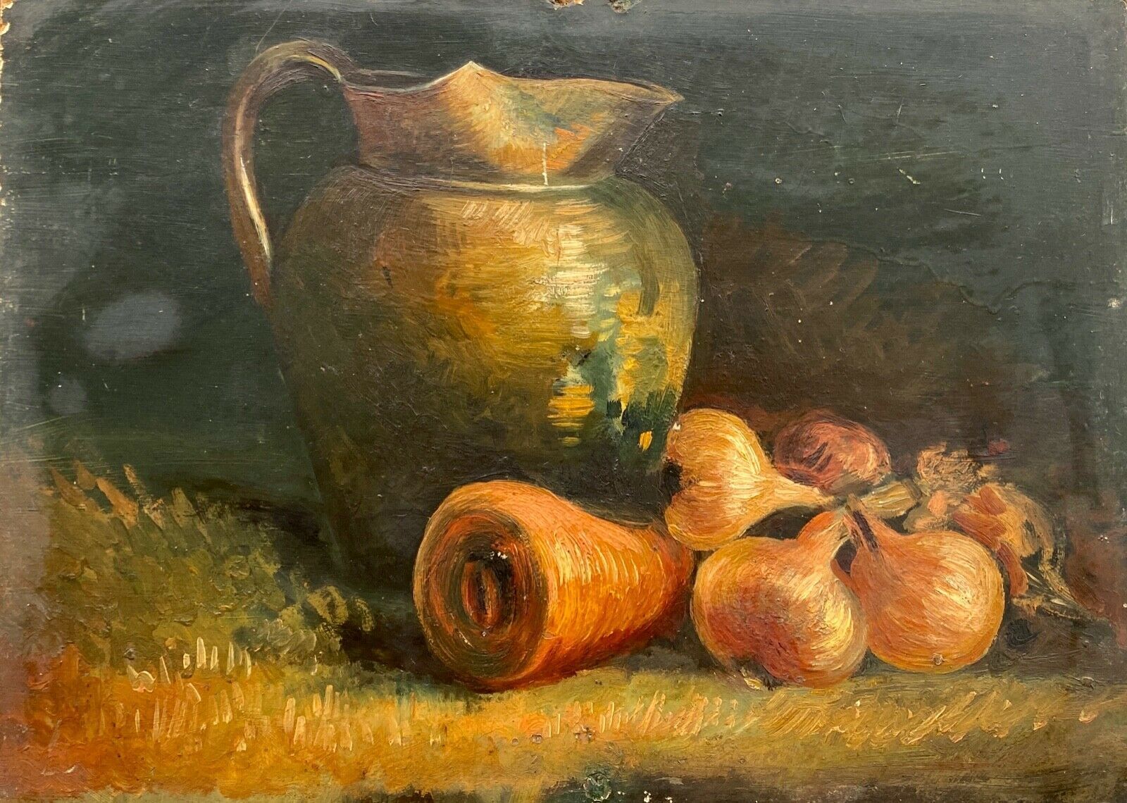 Oil on cardboard still life with pitcher and onions early twentieth century