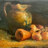 Oil on cardboard still life with pitcher and onions early twentieth century