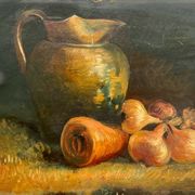 Oil on cardboard still life with pitcher and onions early twentieth century