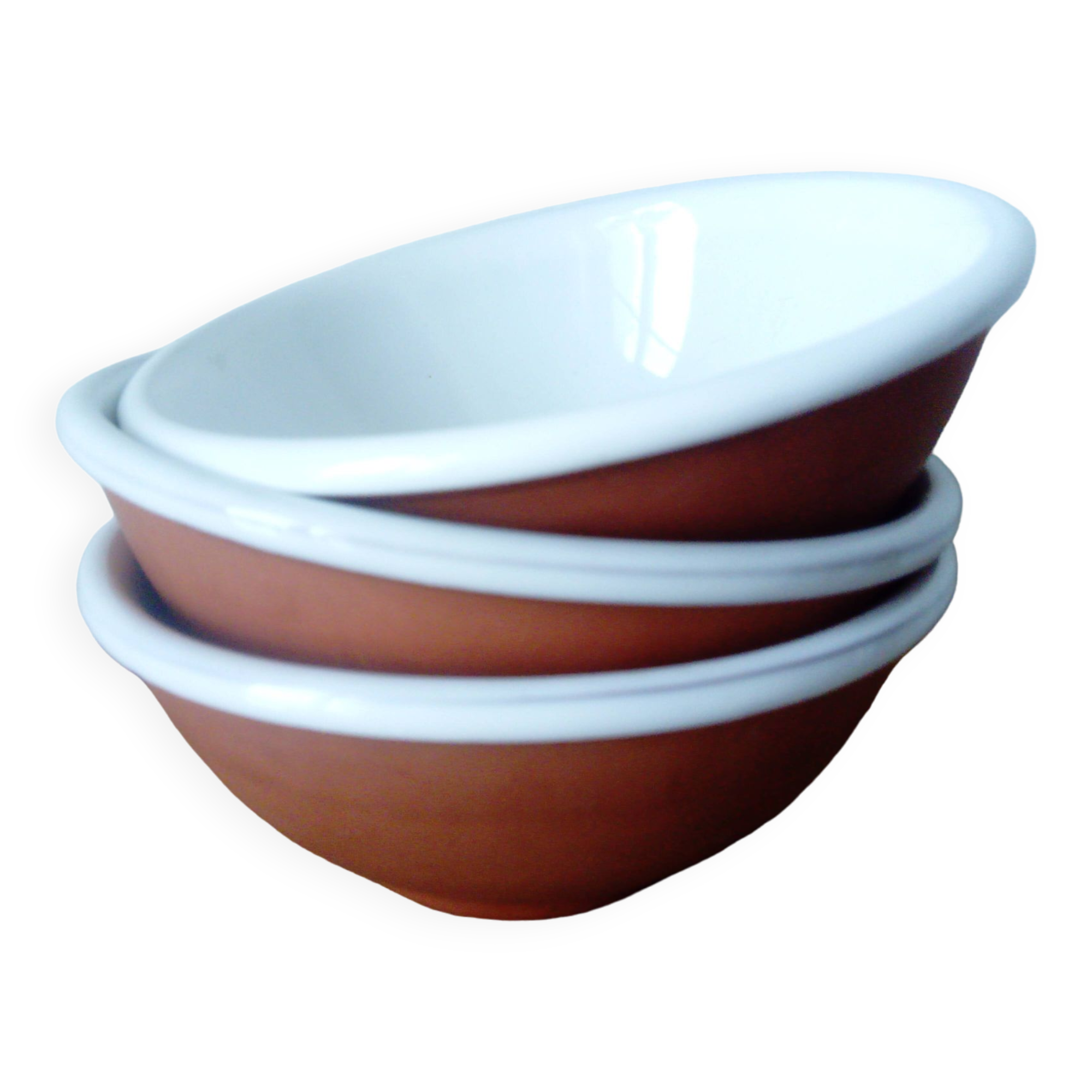 set of 3 terracotta cups or bowls with white enamel interior