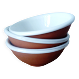 set of 3 terracotta cups or bowls with white enamel interior
