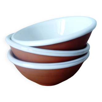 set of 3 terracotta cups or bowls with white enamel interior