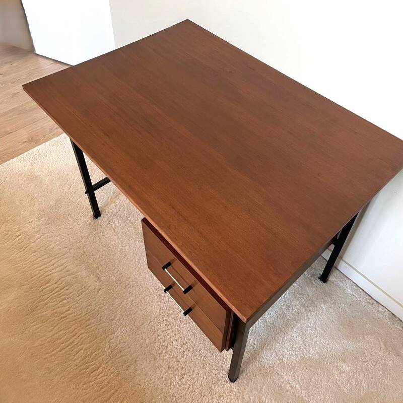 Bureau moderniste 2 tiroirs vintage en bois et métal noir
