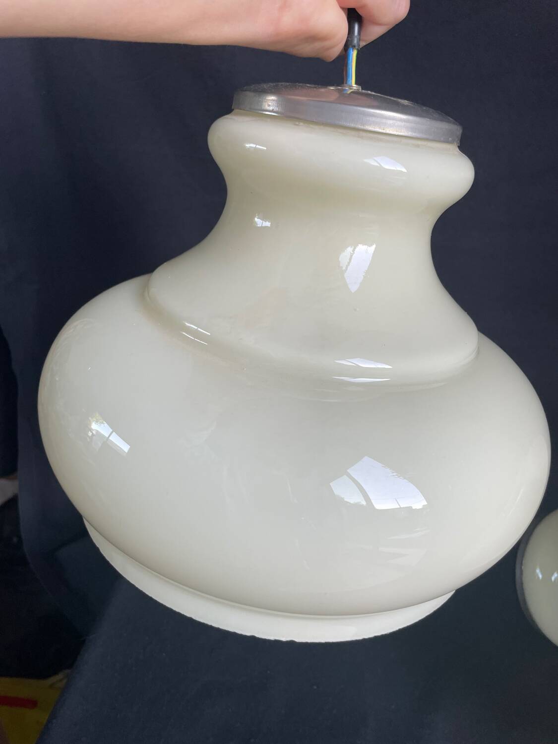 Pair of mid-century vintage opaline milk glass pendant lights