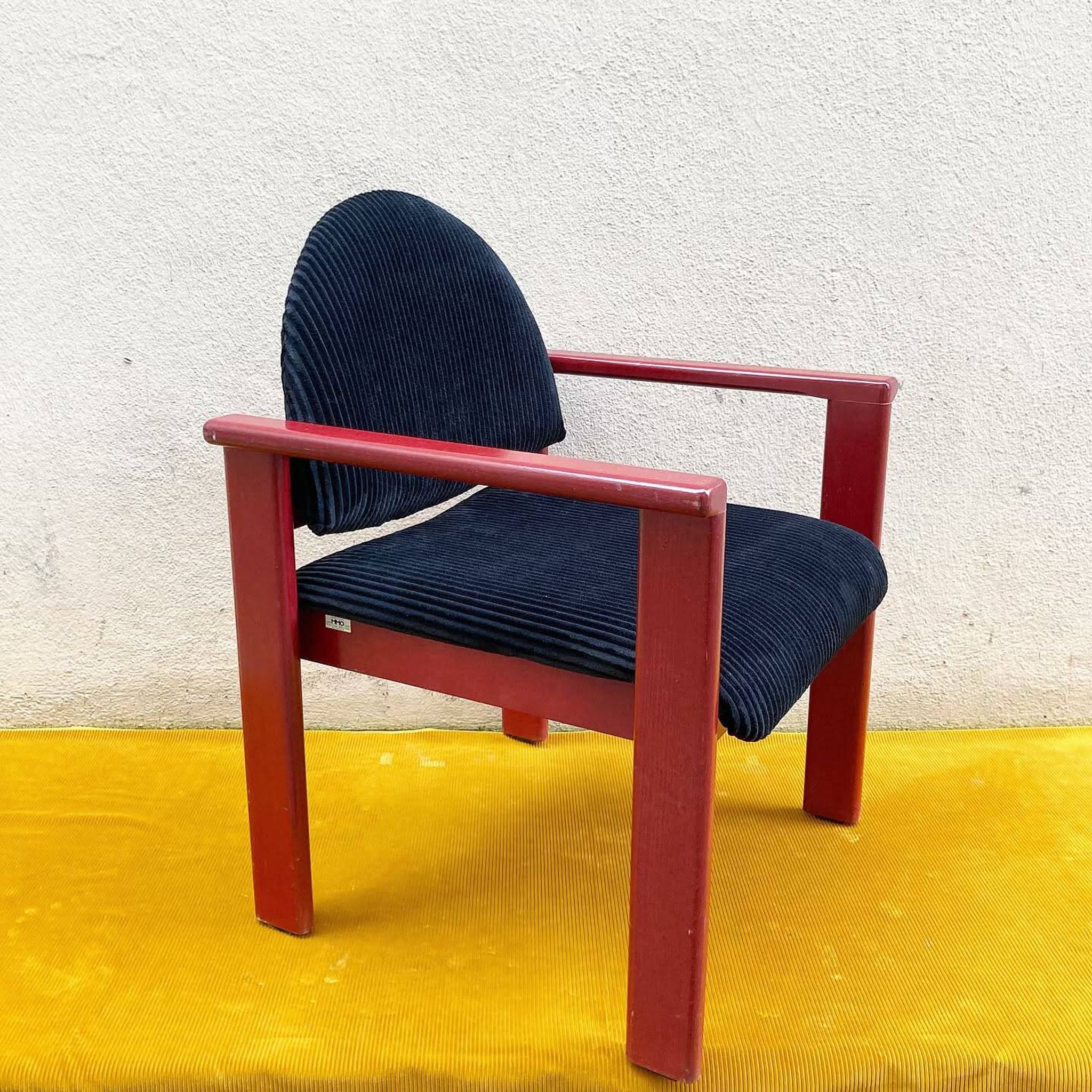 MMO Mobilier Collectif armchair, red patinated wood and black corduroy