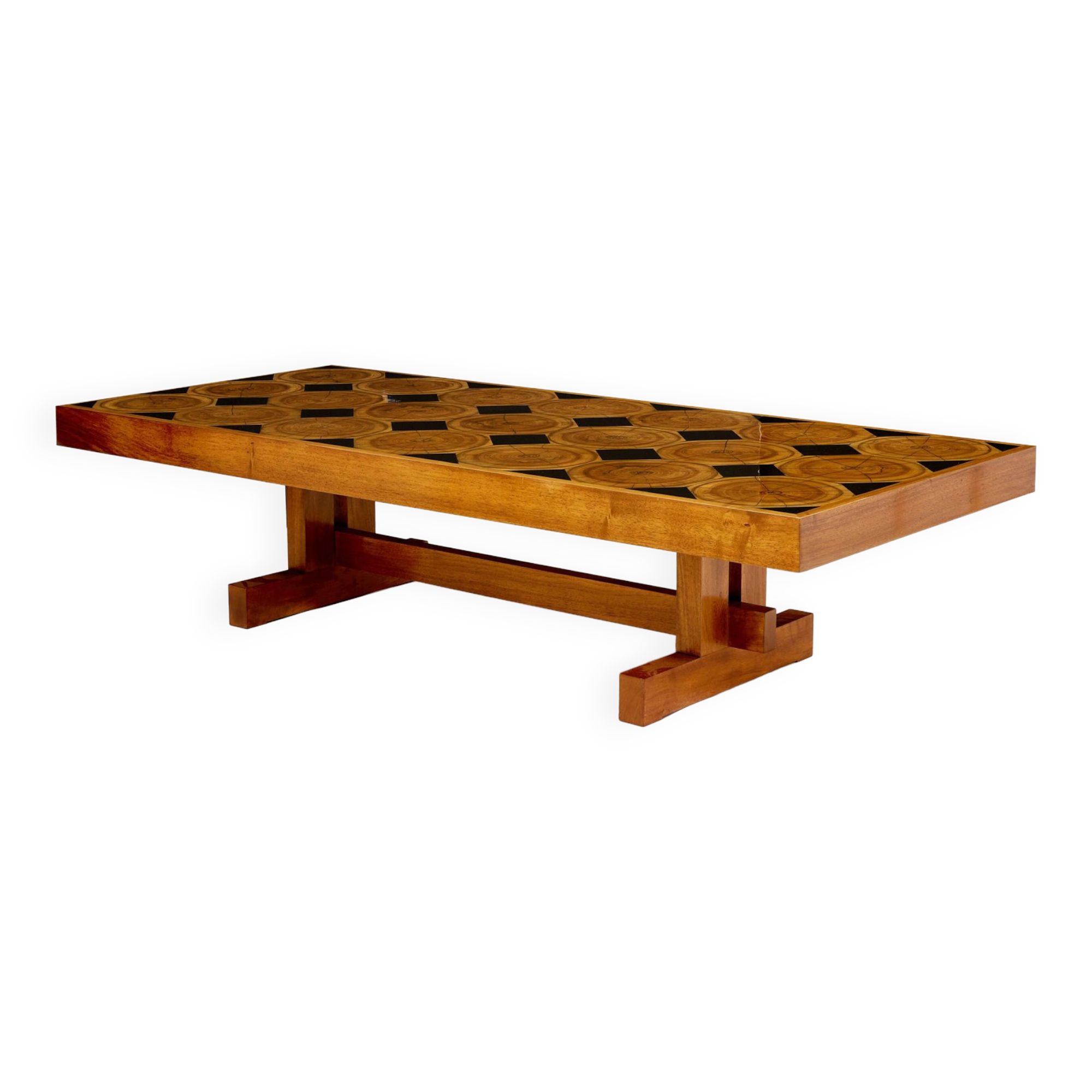 Large modernist coffee table in oak petrified wood slate 1960Large modernist coffee table in oak