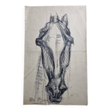 Preparatory study, charcoal sketch of a horse's head signed by Maurice de Bus, 38 x 60 cm