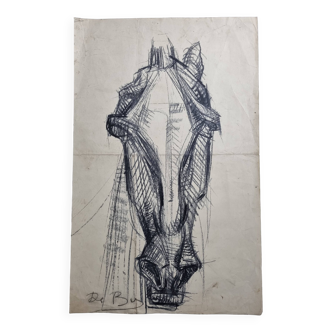 Etude préparatoire, esquisse de tête de cheval au fusain signée de Maurice de Bus, 38 x 60 cm