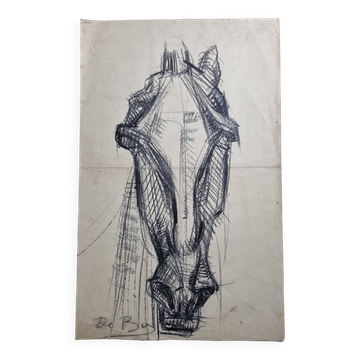 Preparatory study, charcoal sketch of a horse's head signed by Maurice de Bus, 38 x 60 cm