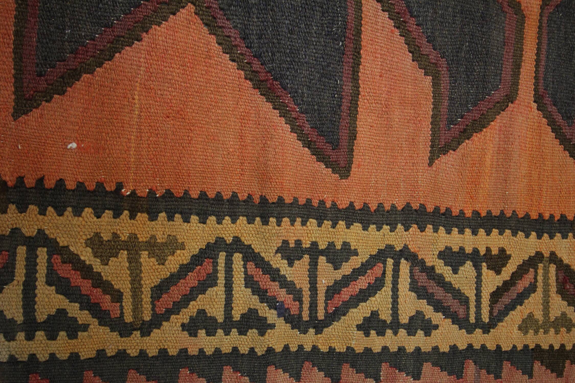 Rug & Kilim Rust Geometric Runner, Handmade Tribal Wool Flatweave, Boho Hallway Rug