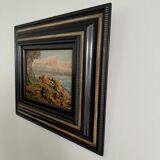 Huile sur carton représentant une côte rocheuse par M. Garrec XXe