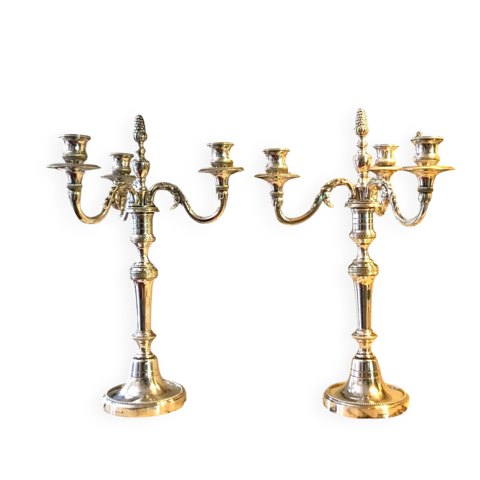 Pair of three-armed silver-plated candelabra
