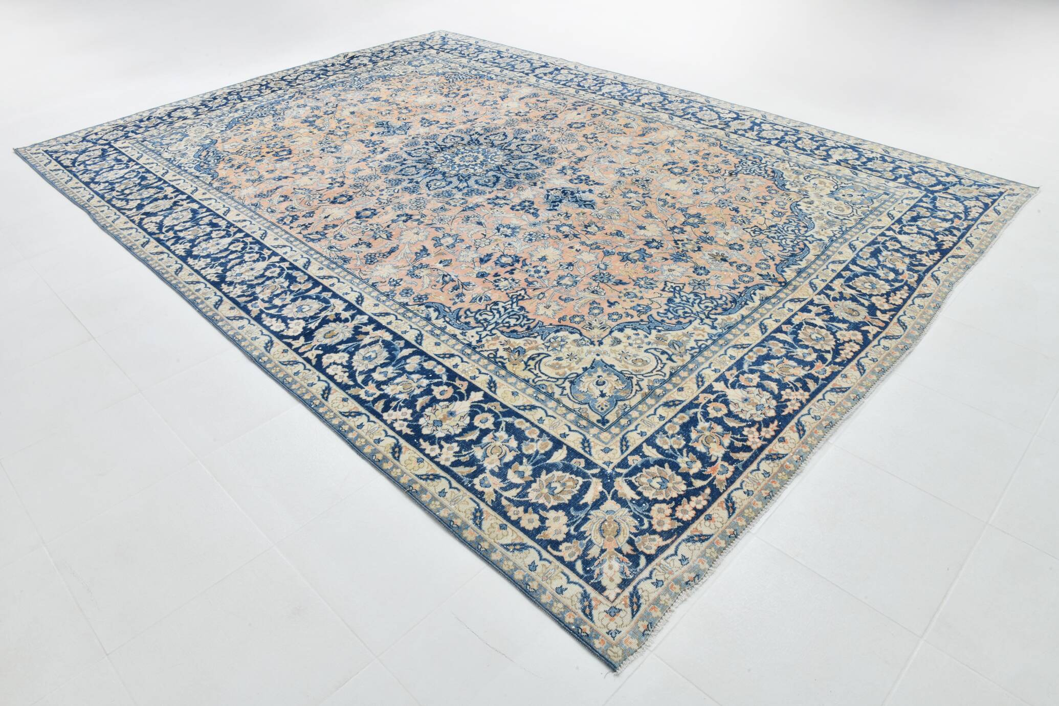 10x14 Navy Blue & Salmon Vintage Persian Rug, Geometric Style Classic Rug