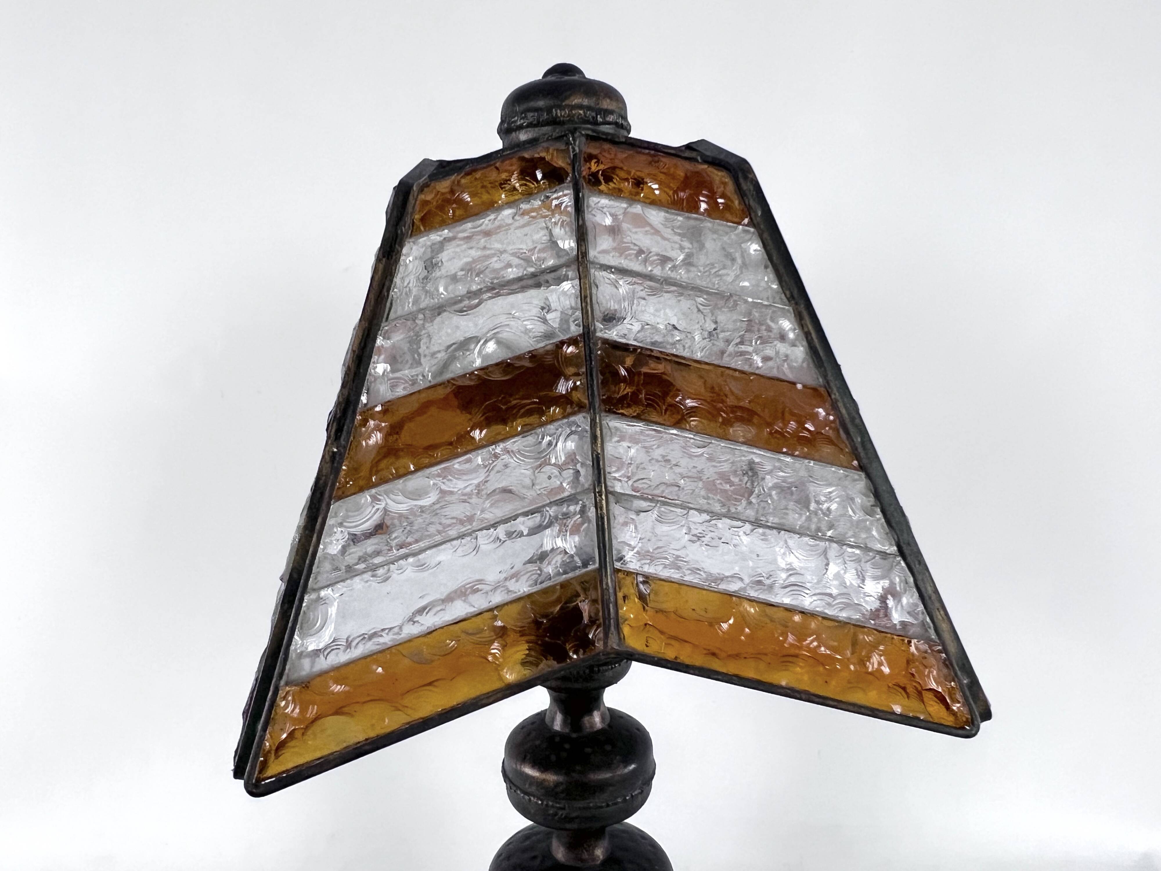 Monumental brutalist thick glass and metal table lamp by Longobard. Italy 1