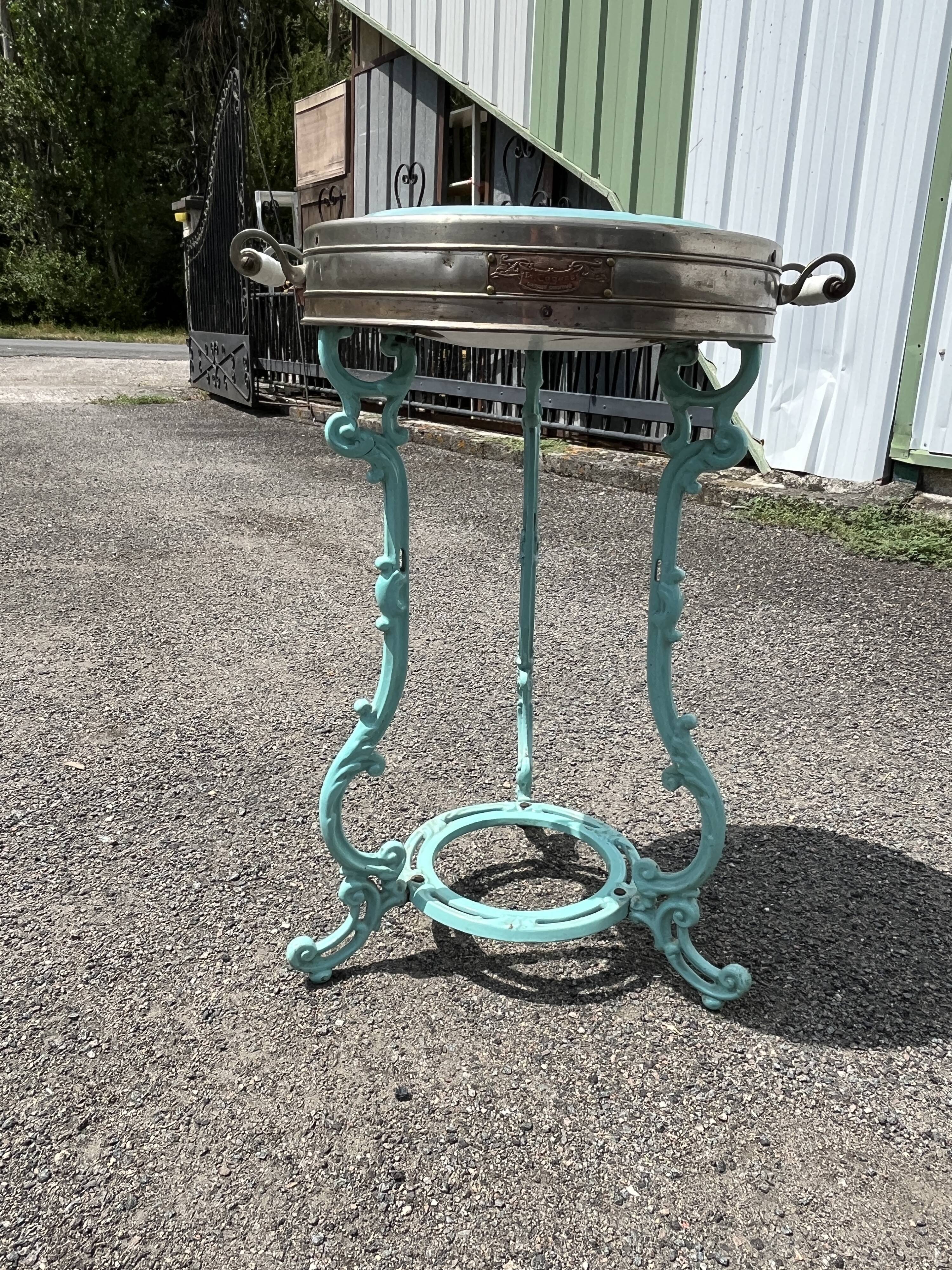 Antique bistro heating table "Le Coquet", enamelled tray, piece by piece.
