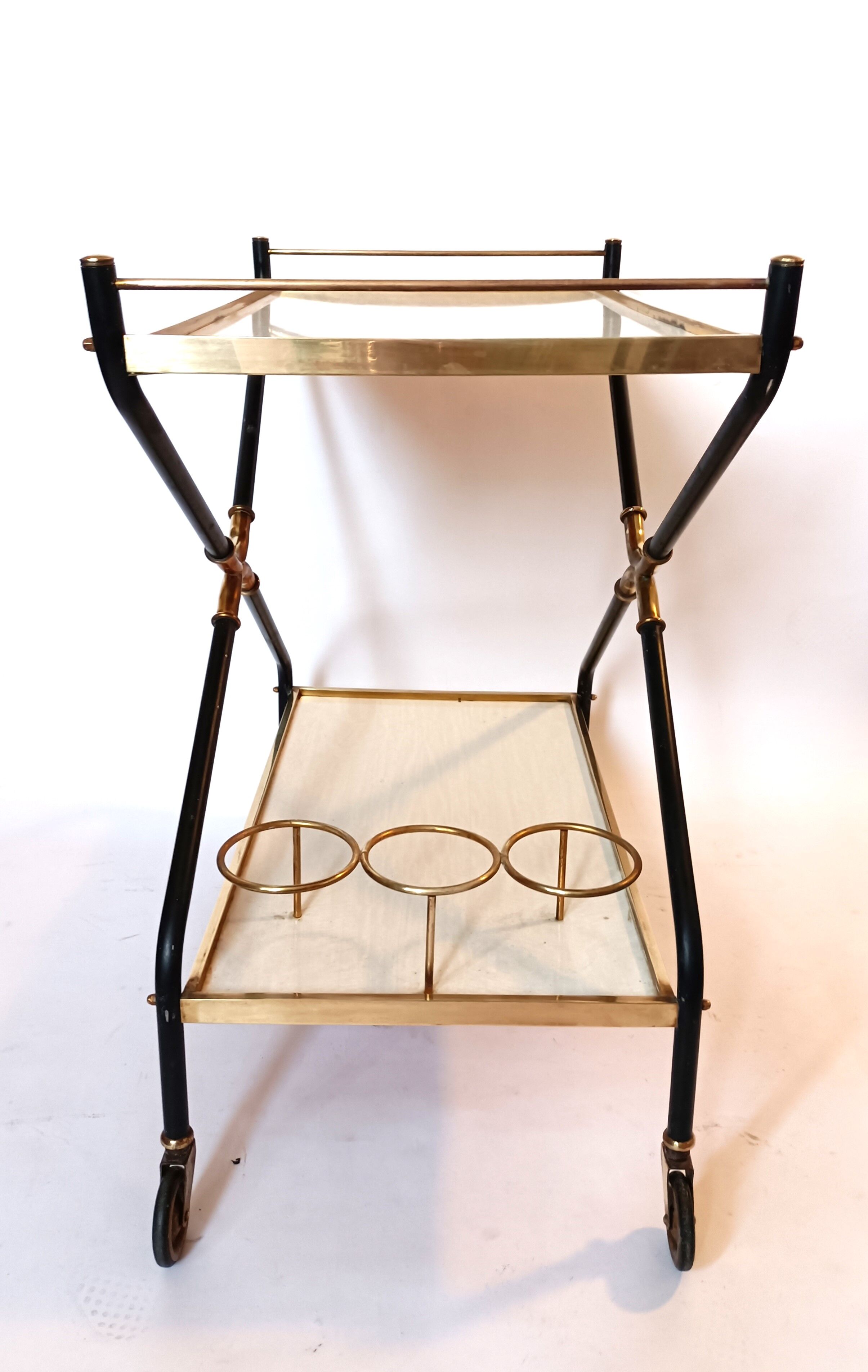 Rolling bar in gilded brass and black metal, Italy circa 1950