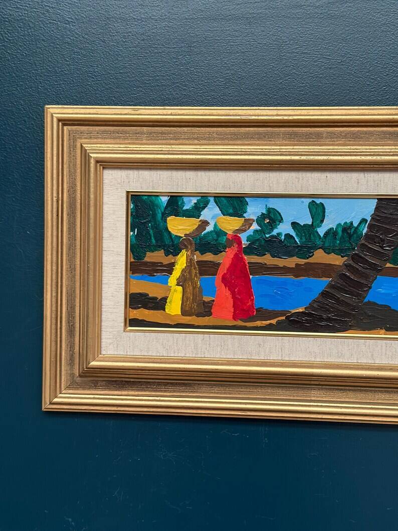 Original Swedish Oil on Panel – "Female Figures by a Stream", attributed to Lars Norrman – Signed – Vintage and Framed – 38 × 74 cm (15 × 29.1 inches)