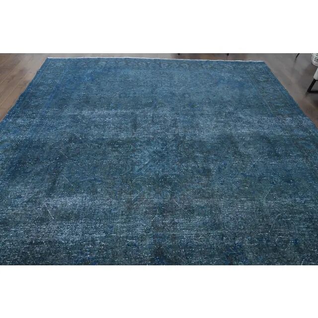 1970s Vintage Persian Handmade Wool Cotton Blue Area Rug 277x360