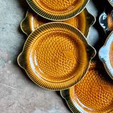 8 flat plates fish Sarreguemines in ochre glazed earthenware