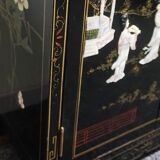 Small furniture in black Chinese lacquer with carved soapstone, mother-of-Pearl inlay.