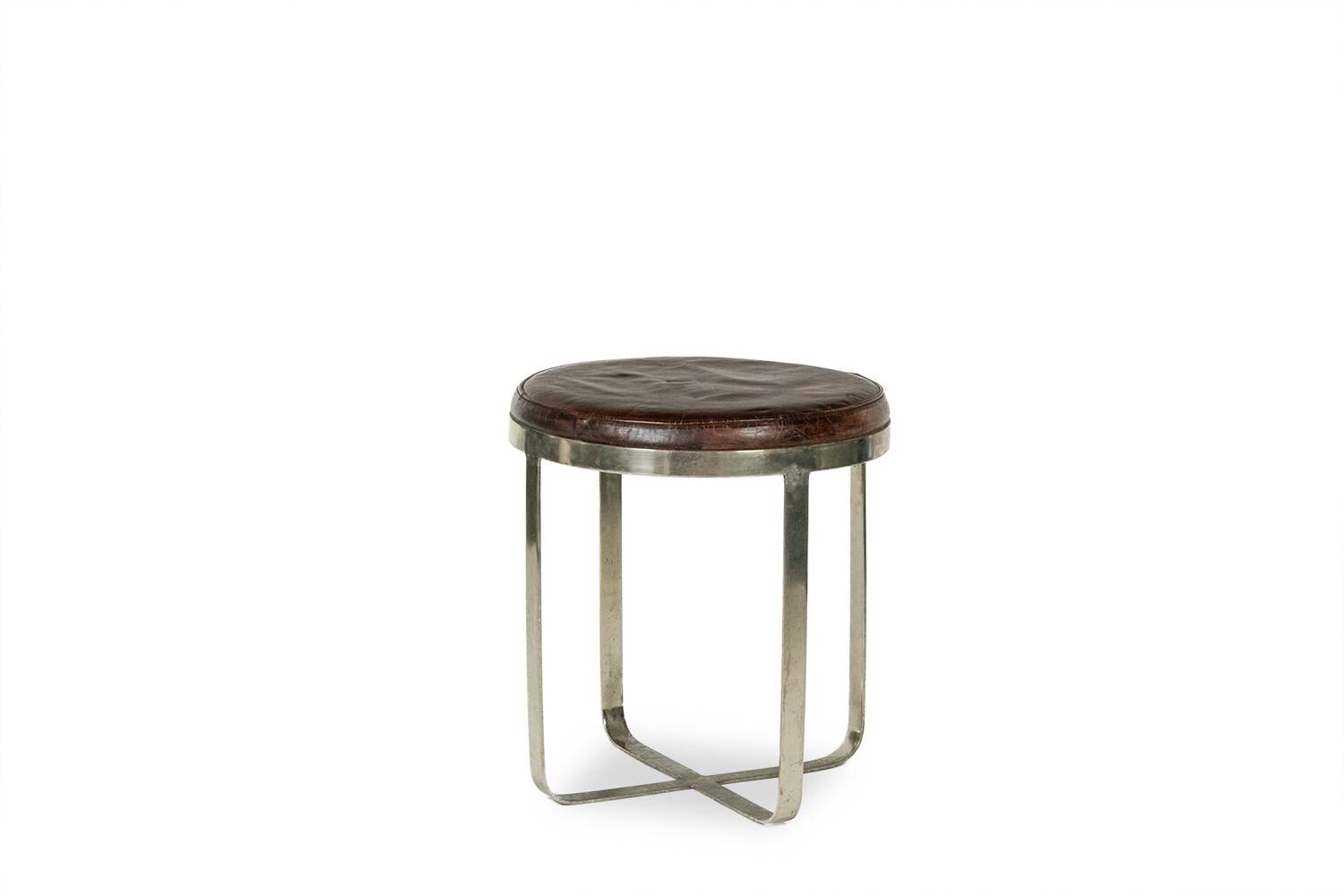 Tabouret rond de style Industriel, en métal et cuir. Années 1970