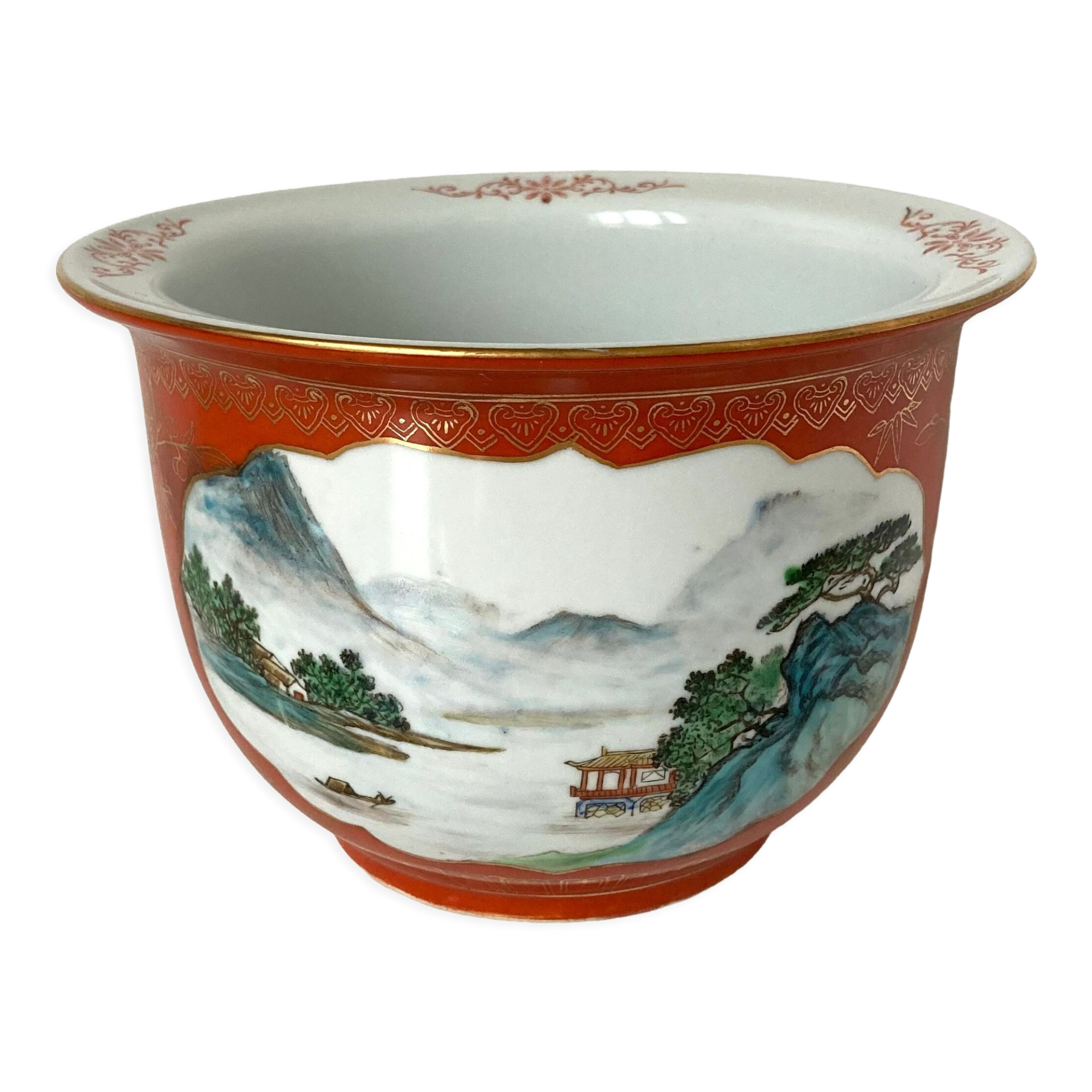 Chinese planter or Chinese porcelain pot cover decorated with landscapes on a coral and golden background