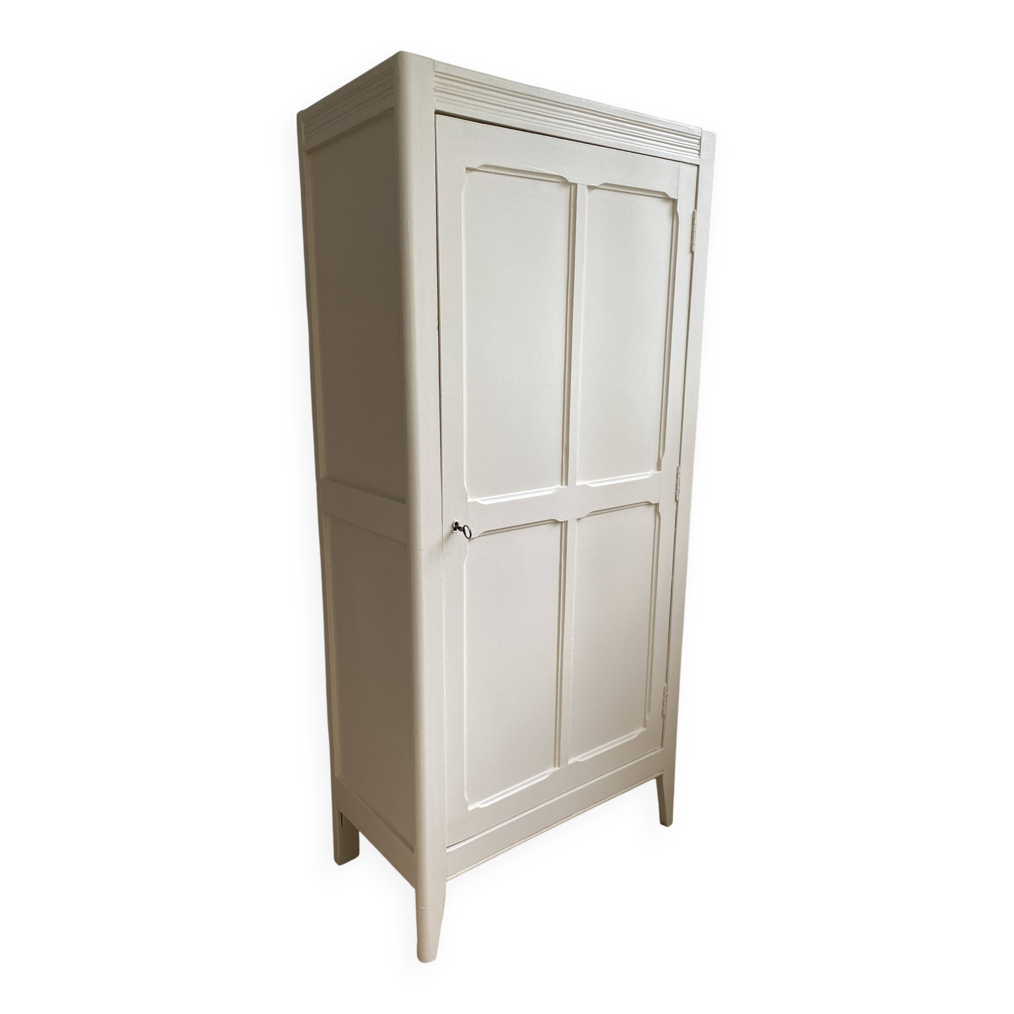 Vintage Parisian wardrobe painted in linen white, one door, three shelves