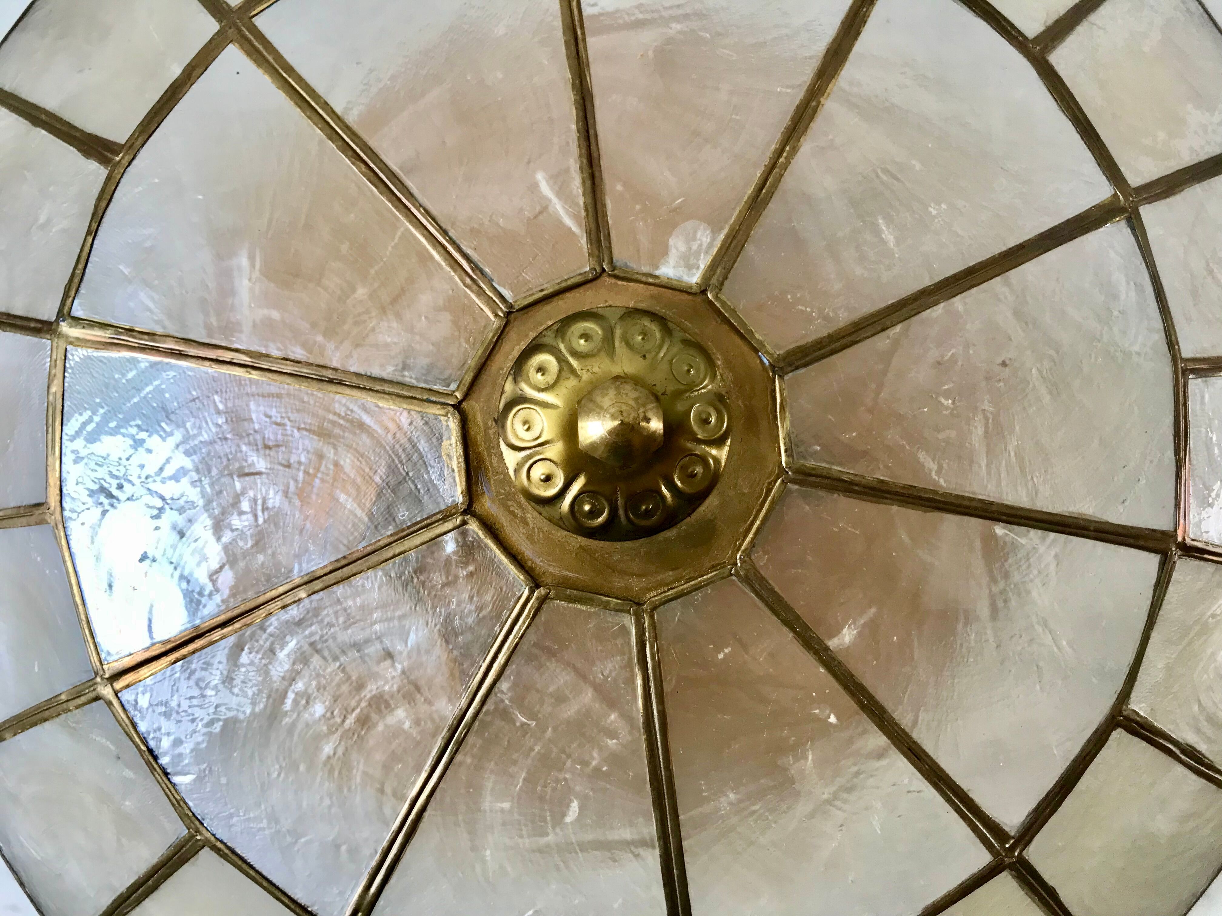 Ceiling lamp in mother-of-pearl and brass two fires 50s