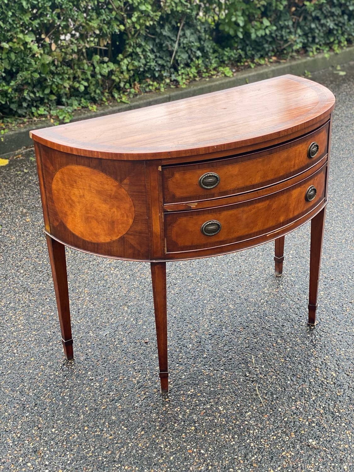 Commode console demi lune vintage bois et marqueterie Louis XVI