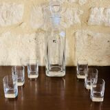 Set, vintage crystal whiskey decanter with 6 glasses, by Luigi Bormioli, circa 70's