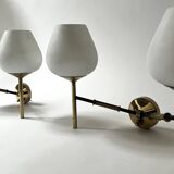 2 double wall lights in brass and white opaline glass, Arlus design 1950