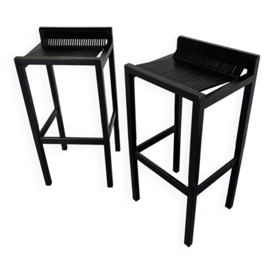2 tabourets de bar modernistes en bois noir et acier par Ruud Jan Kokke, années 1980