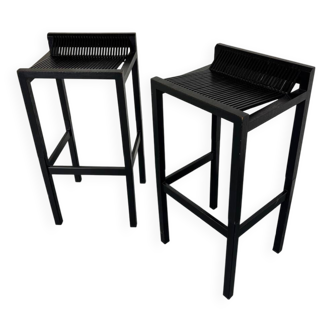 2 tabourets de bar modernistes en bois noir et acier par Ruud Jan Kokke, années 1980