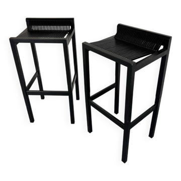 2 tabourets de bar modernistes en bois noir et acier par Ruud Jan Kokke, années 1980