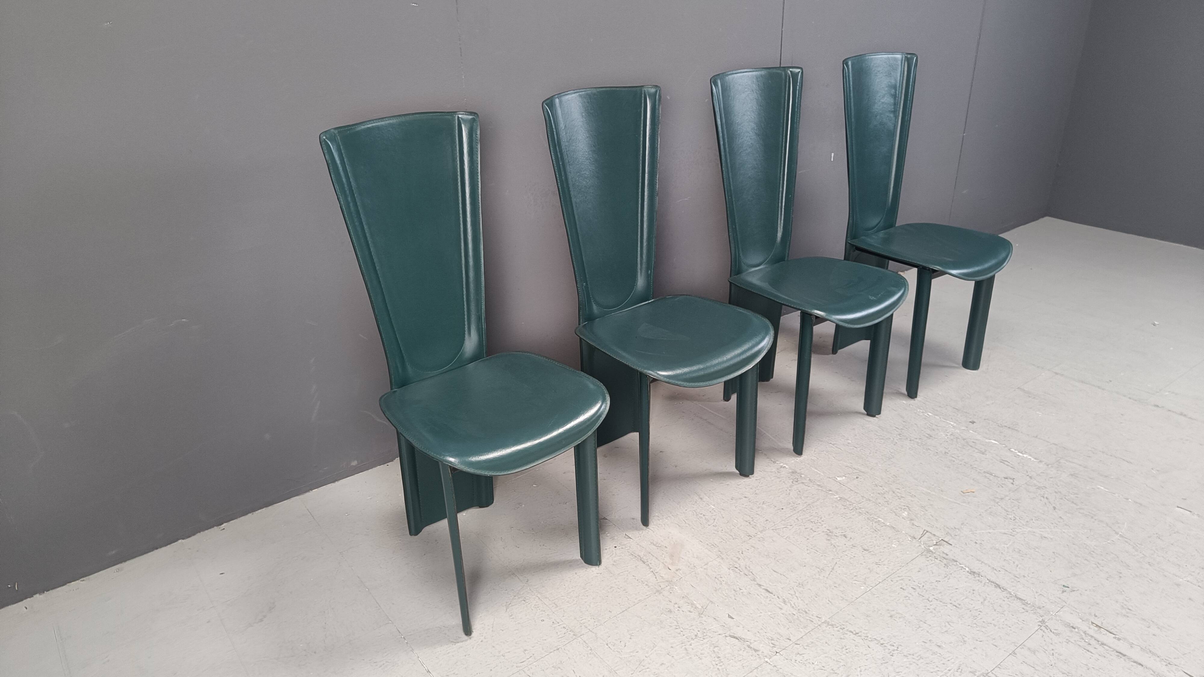 Vintage green leather dining chairs, 1980s - set of 4