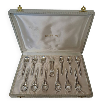 Box of 12 mocha spoons and 1 sugar tongs Ercuis silver metal