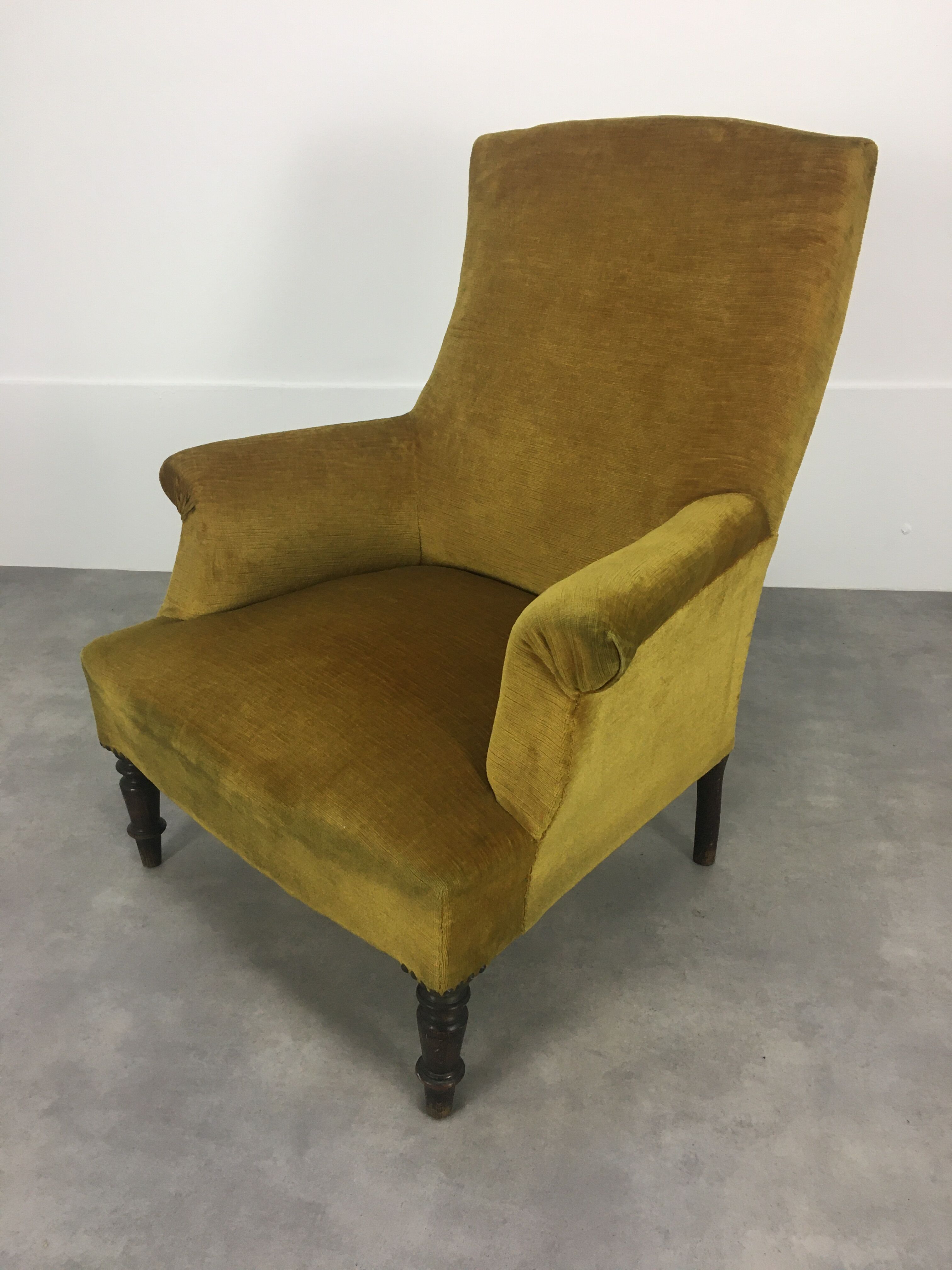 English armchair Napoleon III in mustard yellow velvet
