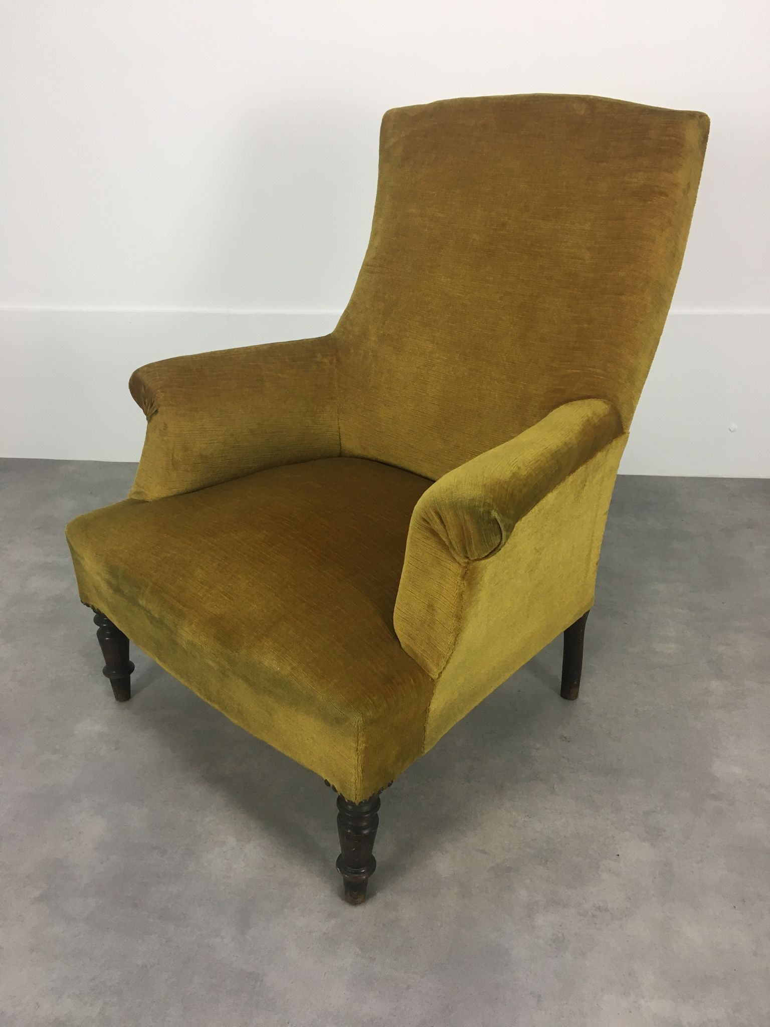 English armchair Napoleon III in mustard yellow velvet
