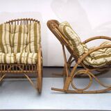 Franco Albini style, pair of rattan and bamboo rocking chairs. Italy 1950s