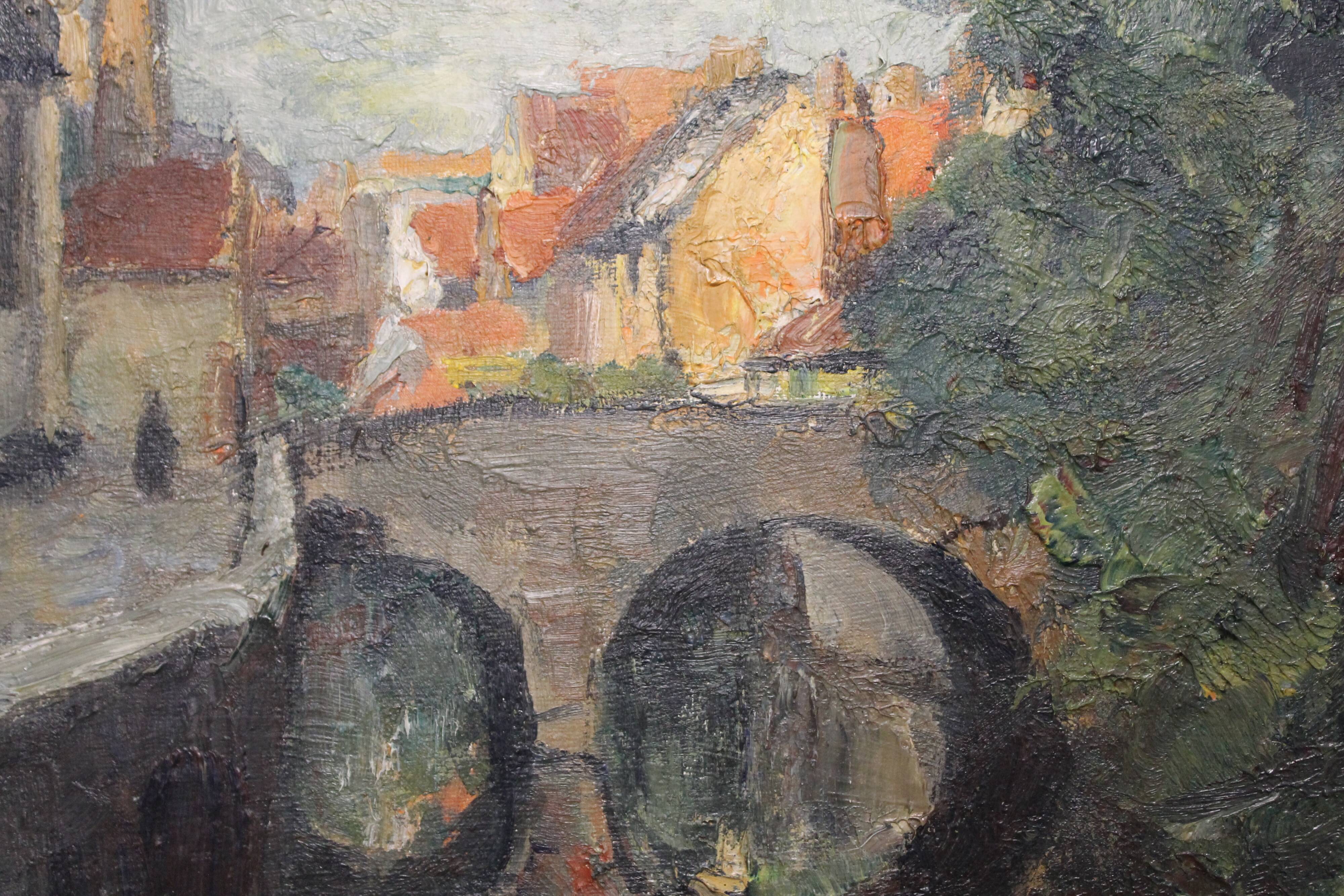 Huile sur toile de Léon Mechelaere - Canal à Bruges
