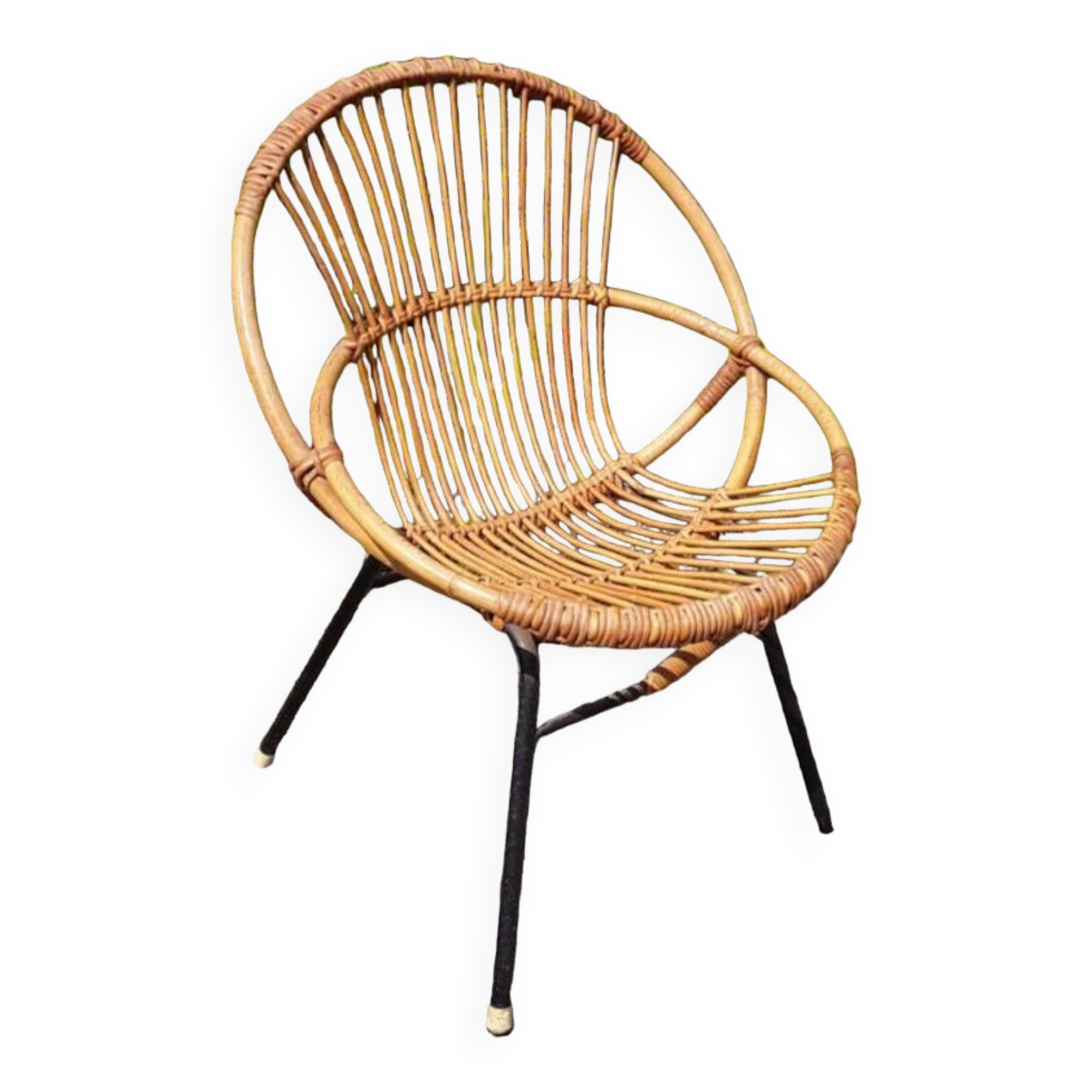 Rattan armchair - black steel base - vintage