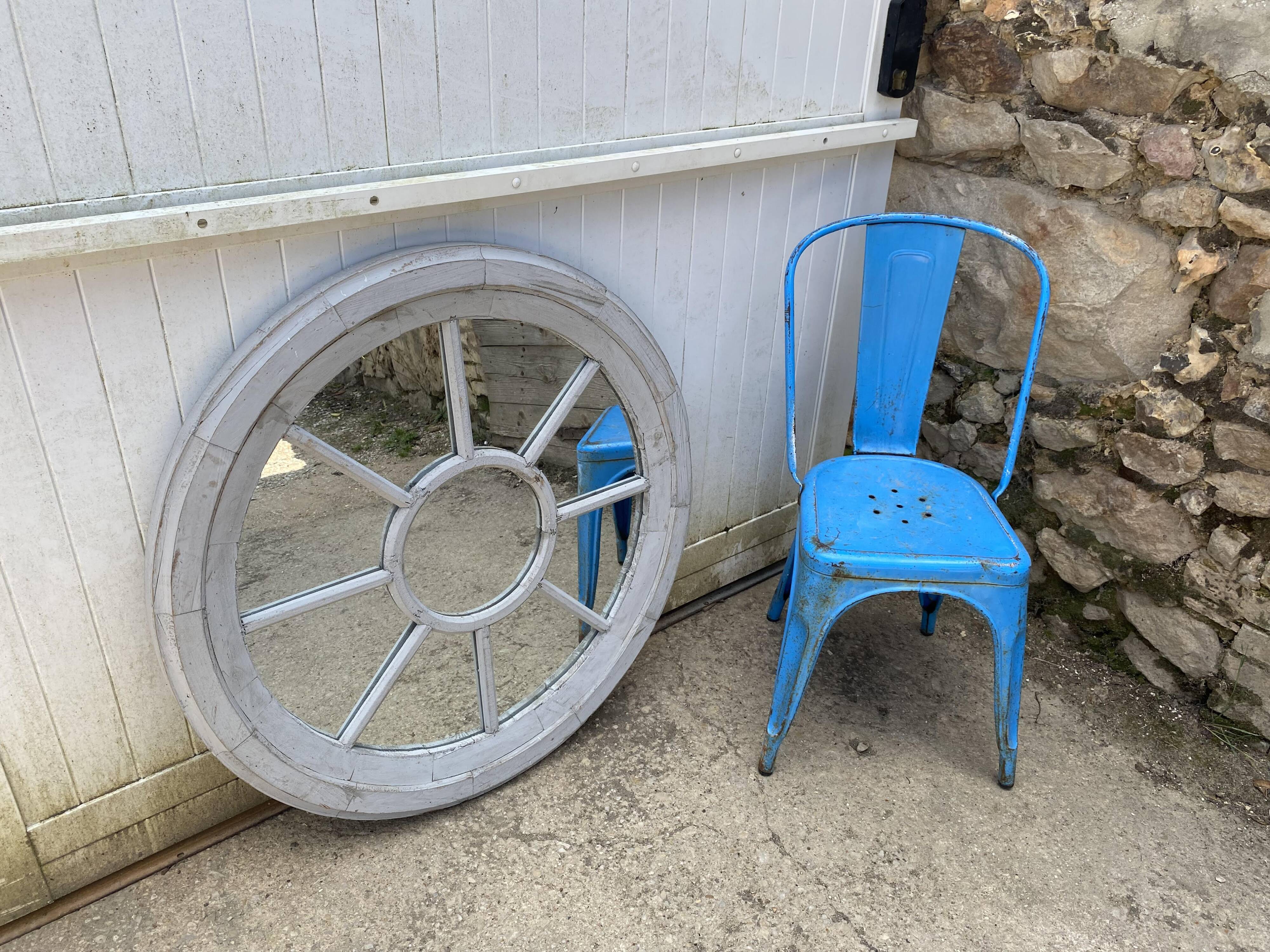 Large vintage gray cart wheel wooden wall mirror